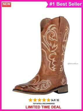 Women's Mid Calf Western Cowboy Boots Square Toe PU Leather